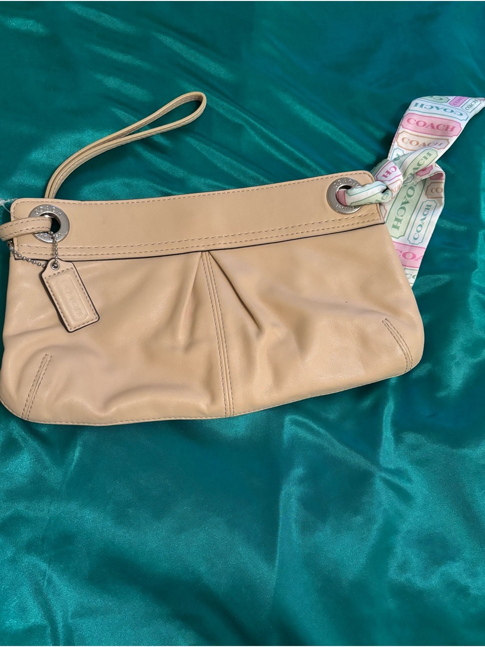 Coach beige Leather Wristlet with Logo Scarf Accent